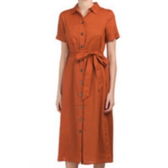 Magaschoni Linen Short Sleeve Midi Length Tie Waist Button Down Dress - Picture 7 of 7